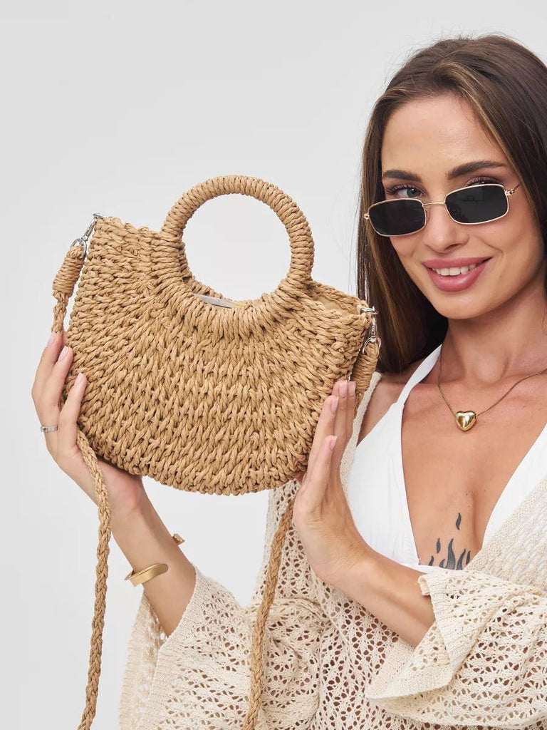 Sac de plage demi - lune en raphia, bandoulière d'été, sac à main rond tissé, idéal vacances, modèle Emilia - Sac de plage - Camel