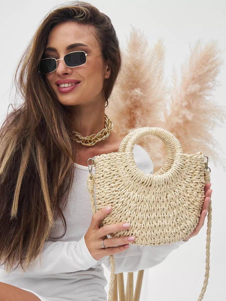 Sac de plage demi - lune en raphia, bandoulière d'été, sac à main rond tissé, idéal vacances, modèle Emilia - Sac de plage - Beige