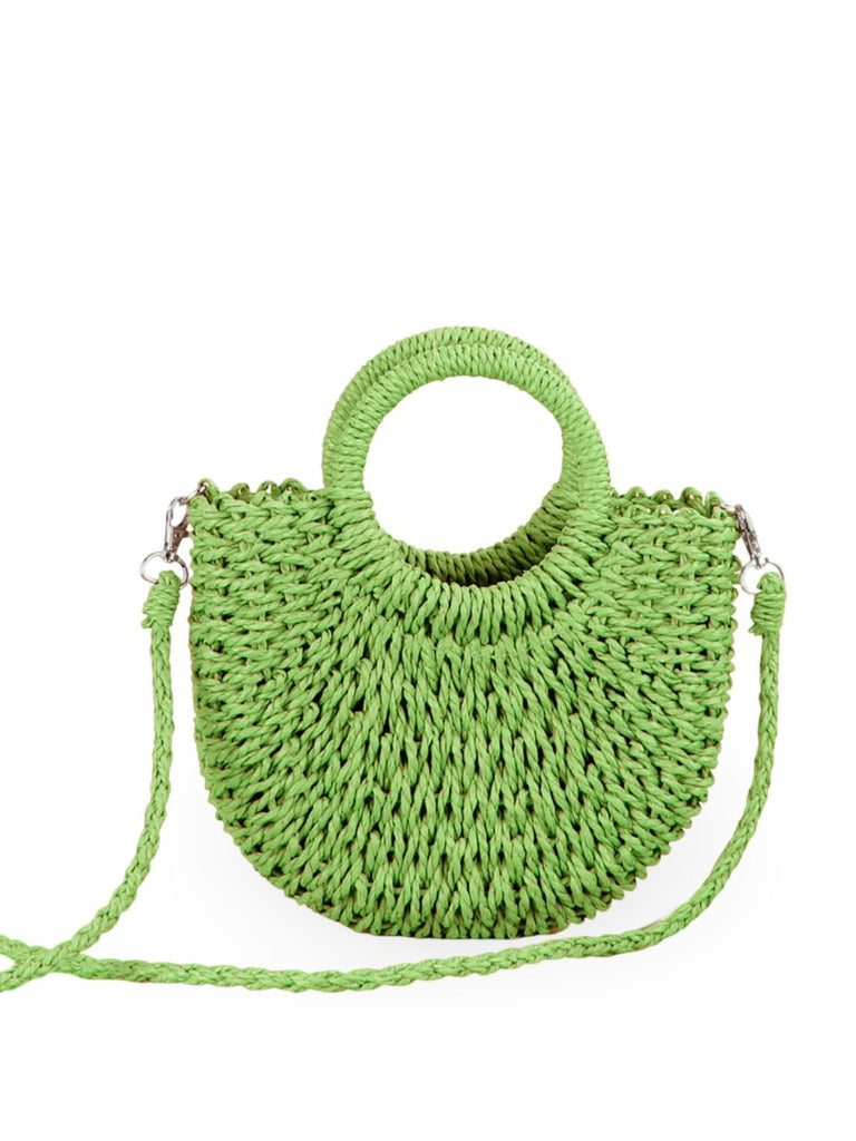 Sac de plage demi - lune en raphia, bandoulière d'été, sac à main rond tissé, idéal vacances, modèle Emilia - Sac de plage - Vert