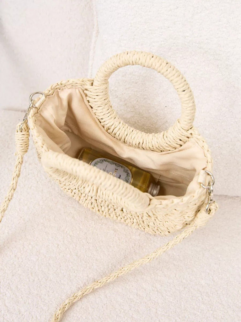 Sac de plage demi - lune en raphia, bandoulière d'été, sac à main rond tissé, idéal vacances, modèle Emilia - Sac de plage - Beige