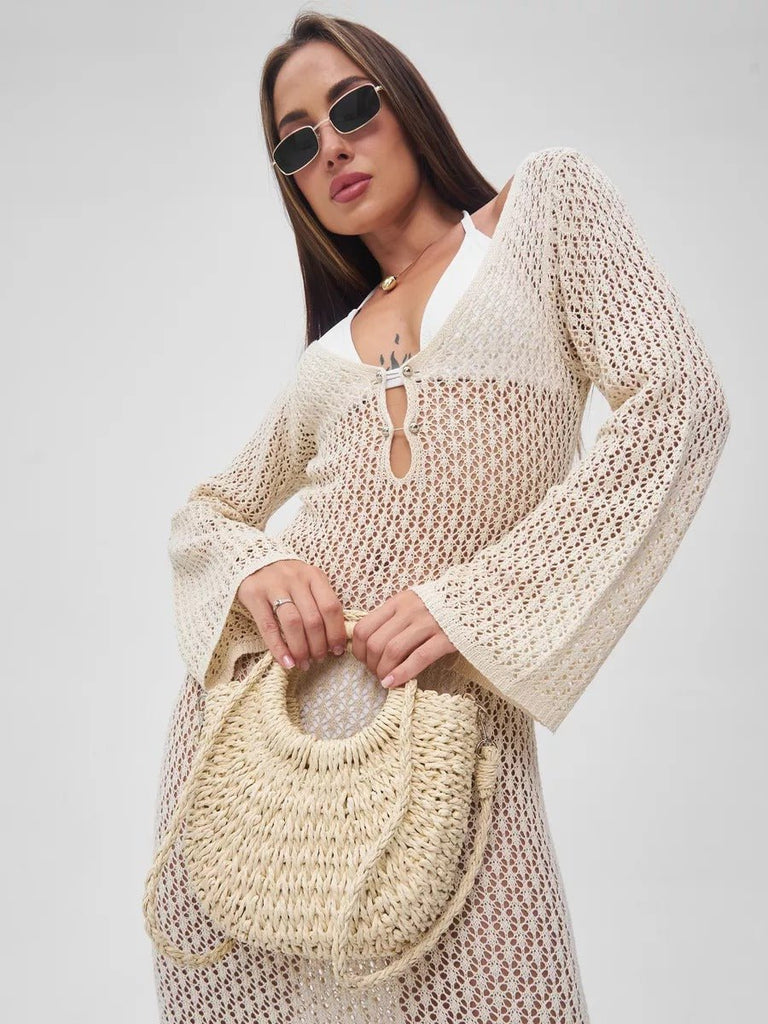 Sac de plage demi - lune en raphia, bandoulière d'été, sac à main rond tissé, idéal vacances, modèle Emilia - Sac de plage - Beige