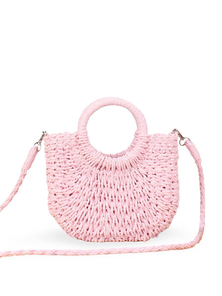 Sac de plage demi - lune en raphia, bandoulière d'été, sac à main rond tissé, idéal vacances, modèle Emilia - Sac de plage - Rose