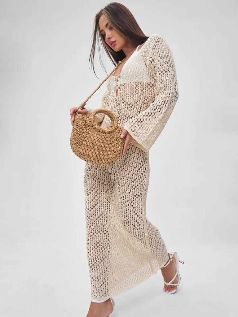 Sac de plage demi - lune en raphia, bandoulière d'été, sac à main rond tissé, idéal vacances, modèle Emilia - Sac de plage - Camel