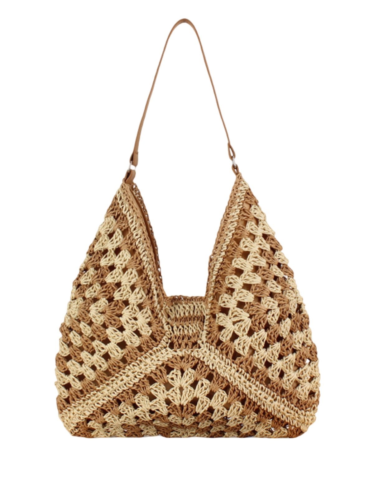 Sac de plage en raphia, bandoulière bohème, sac d'été et de vacances, tote bag tressé rétro, souple grand format, modèle Léna - Sac de plage - Marron