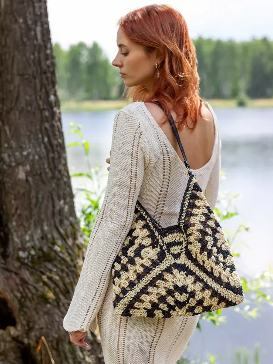 Sac de plage en raphia, bandoulière bohème, sac d'été et de vacances, tote bag tressé rétro, souple grand format, modèle Léna - Sac de plage - Noir