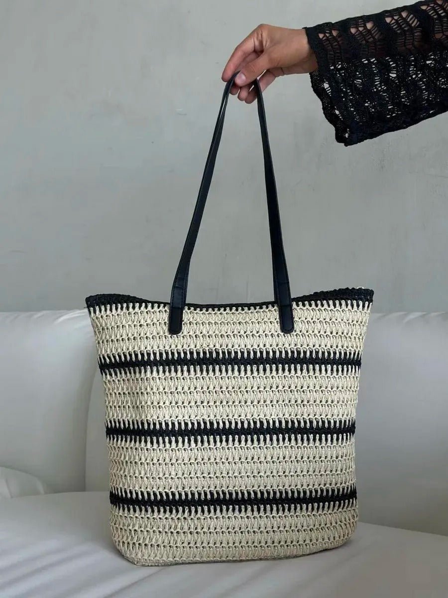 Sac de plage en raphia, tote bag d'été, tissé rayé, grand sac à main, idéal vacances et mer, modèle Léa - Sac de plage - Beige