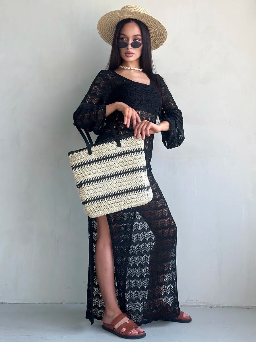 Sac de plage en raphia, tote bag d'été, tissé rayé, grand sac à main, idéal vacances et mer, modèle Léa - Sac de plage - Beige