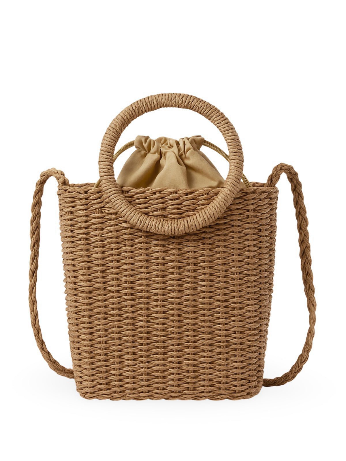 Sac de plage tressé, anse ronde, bandoulière longue, doublure coton, format compact, mini tote bag, modèle Paula - Sac de plage - Camel