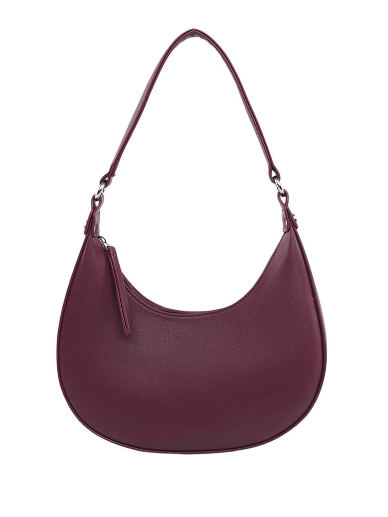 Sac demi - lune femme, épaule, poignet, forme baguette, fermeture zippée, simili vegan, sac tendance femme, modèle Adrienne - Sac à main - Bordeaux