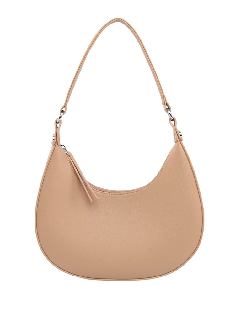 Sac demi - lune femme, épaule, poignet, forme baguette, fermeture zippée, simili vegan, sac tendance femme, modèle Adrienne - Sac à main - Beige