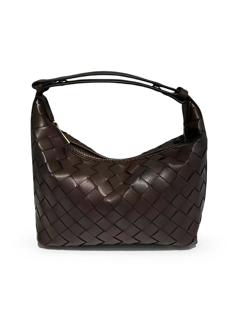 Sac en simili vegan tressé femme, sac baguette épaule et main, design luxe, format compact, tendance 2025, modèle Juliette - Sac à main - Café