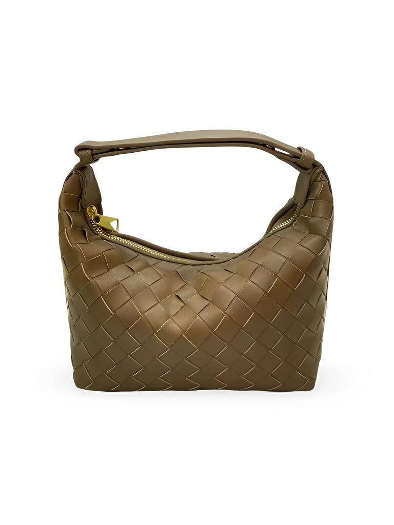 Sac en simili vegan tressé femme, sac baguette épaule et main, design luxe, format compact, tendance 2025, modèle Juliette - Sac à main - Taupe