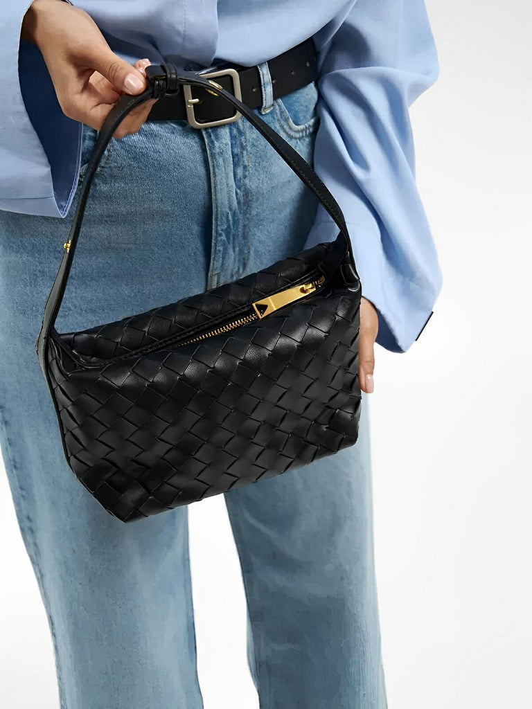 Sac en simili vegan tressé femme, sac baguette épaule et main, design luxe, format compact, tendance 2025, modèle Juliette - Sac à main - Noir