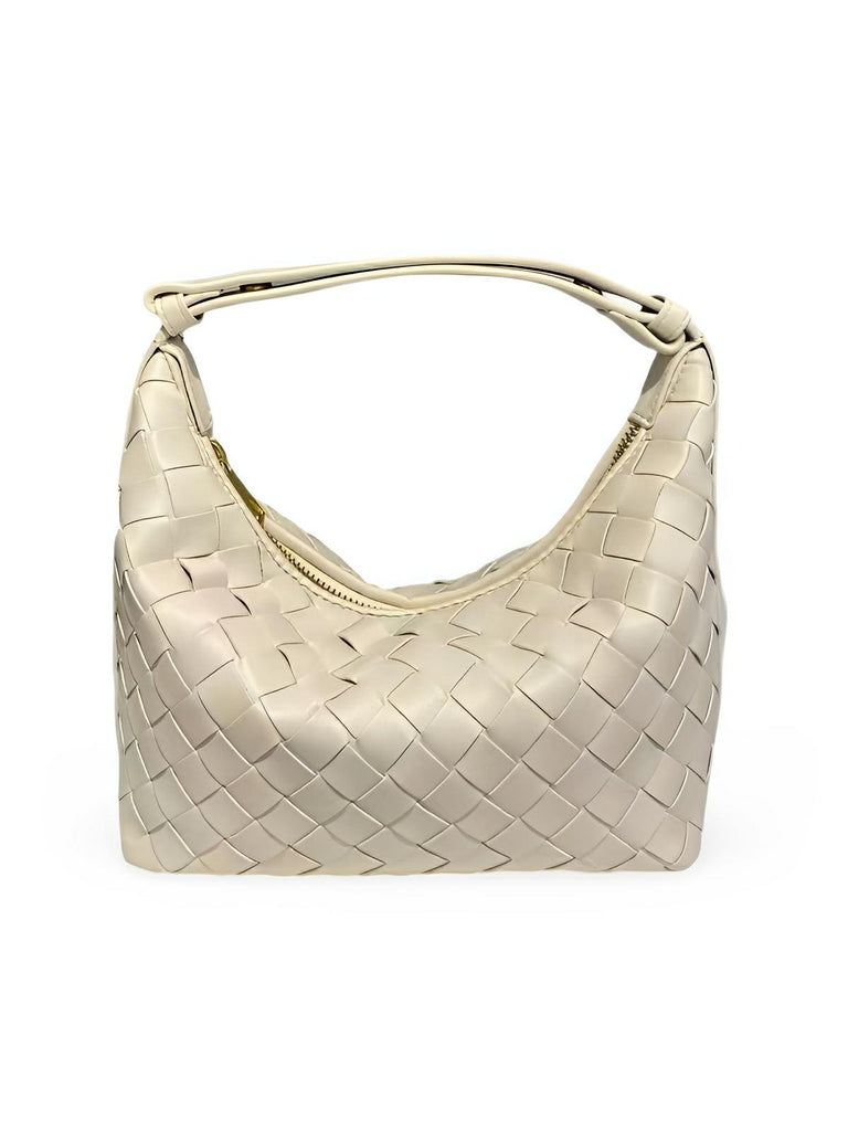 Sac en simili vegan tressé femme, sac baguette épaule et main, design luxe, format compact, tendance 2025, modèle Juliette - Sac à main - Blanc