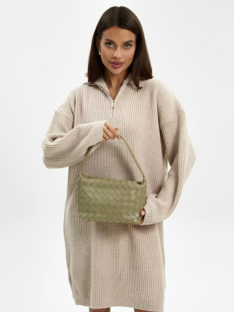 Sac en simili vegan tressé femme, sac baguette épaule et main, design luxe, format compact, tendance 2025, modèle Juliette - Sac à main - Taupe