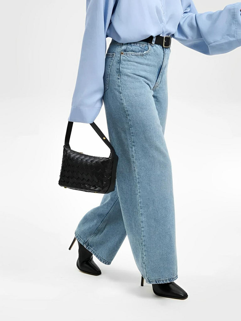 Sac en simili vegan tressé femme, sac baguette épaule et main, design luxe, format compact, tendance 2025, modèle Juliette - Sac à main - Noir