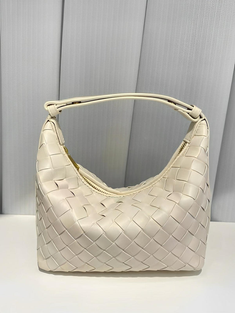 Sac en simili vegan tressé femme, sac baguette épaule et main, design luxe, format compact, tendance 2025, modèle Juliette - Sac à main - Blanc