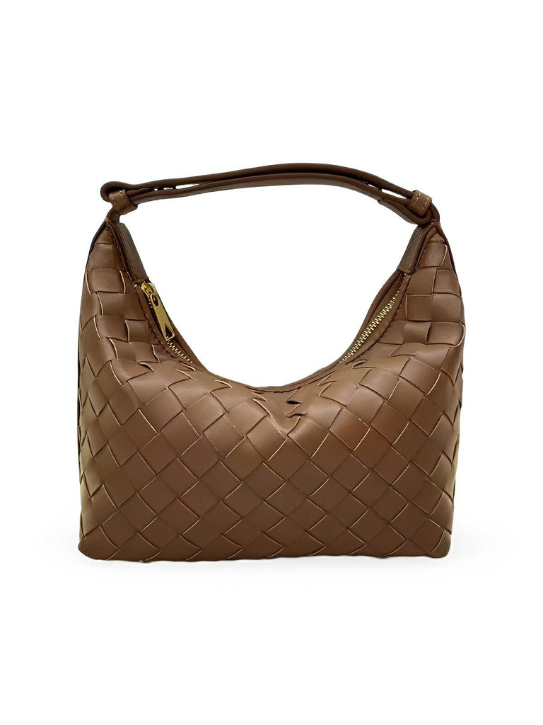 Sac en simili vegan tressé femme, sac baguette épaule et main, design luxe, format compact, tendance 2025, modèle Juliette - Sac à main - Marron