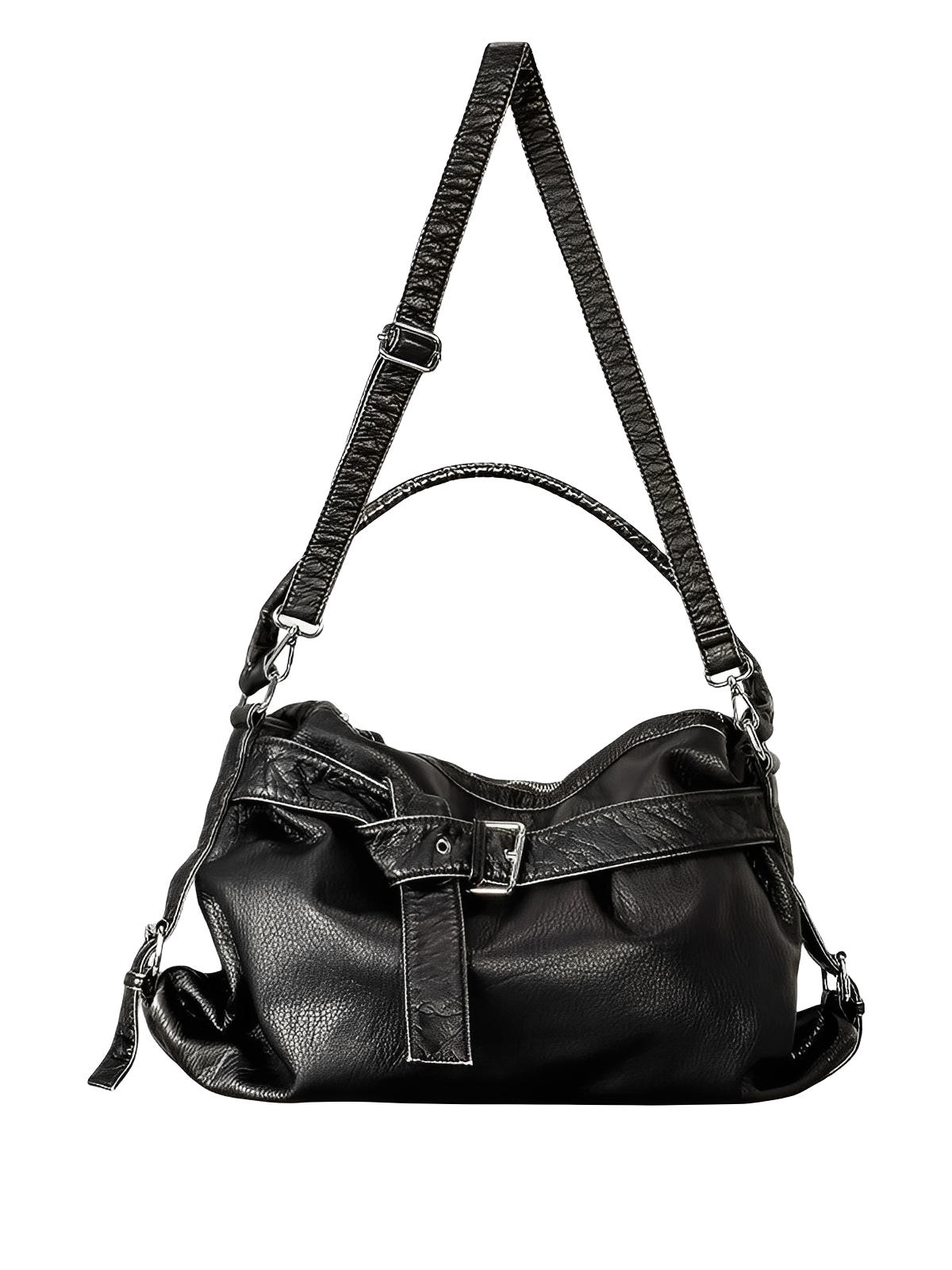 Sac noir en simili vegan souple, bandoulière réglable, grand format, fermeture zippée, style chic, modèle Mariza - Sac à main - Noir