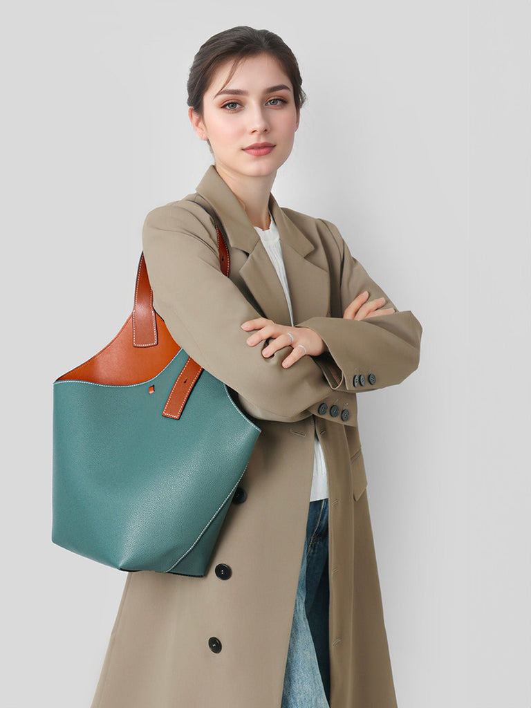 Sac seau en cuir, porté épaule, design minimaliste, grand volume, fermeture boucle, modèle tendance, modèle Marla - Sac à main - Vert