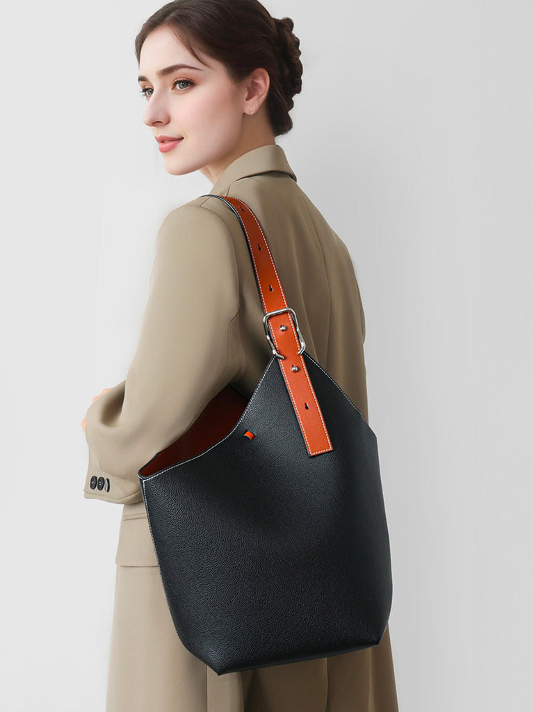 Sac seau en cuir, porté épaule, design minimaliste, grand volume, fermeture boucle, modèle tendance, modèle Marla - Sac à main - Noir