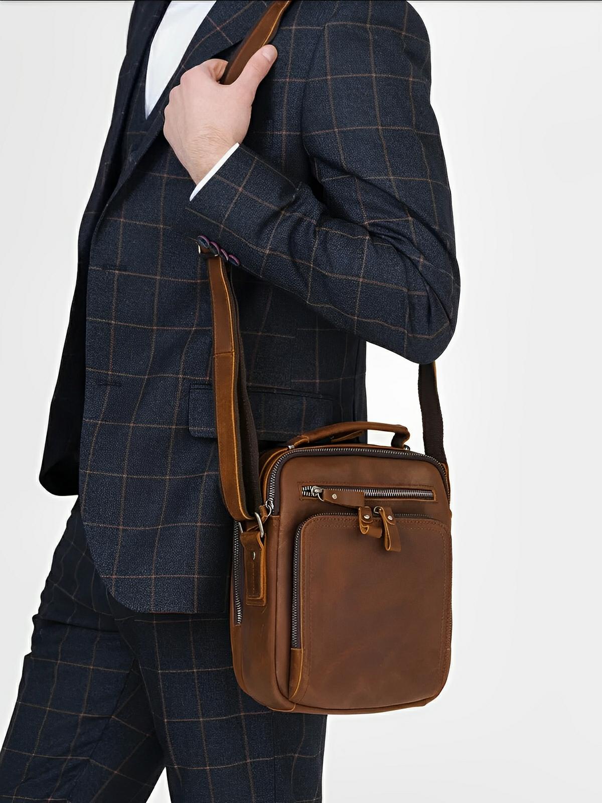 Sacoche à anse en cuir, pour l'homme organisé, style vintage, modèle Émeric - Sacoche - Marron