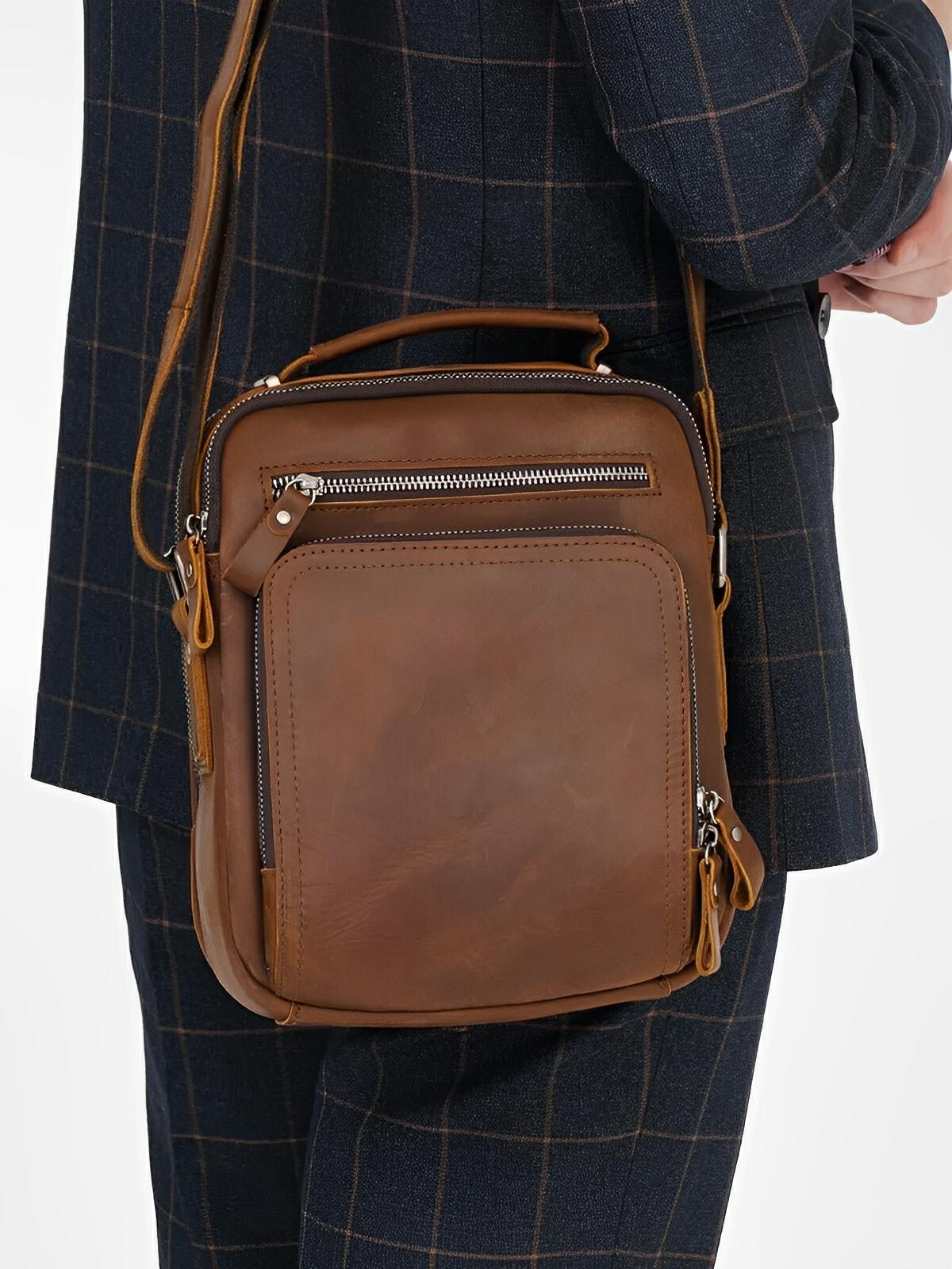 Sacoche à anse en cuir, pour l'homme organisé, style vintage, modèle Émeric - Sacoche - Marron