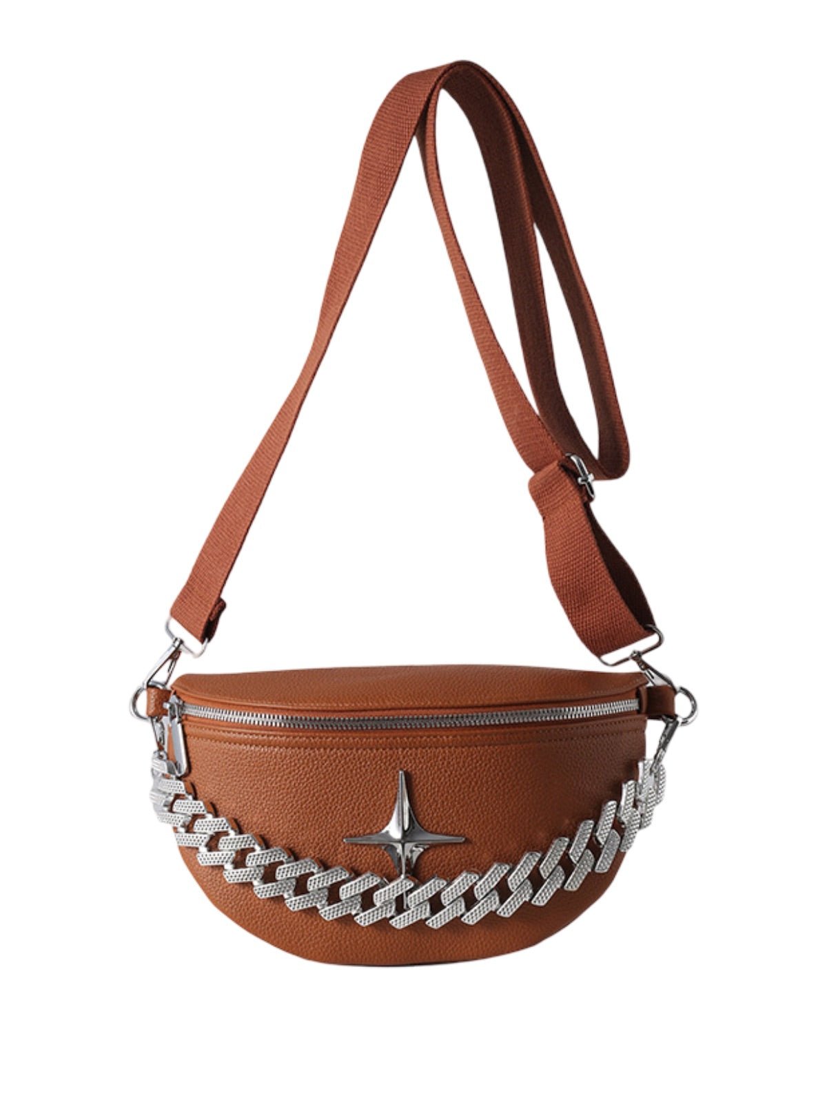 Sacoche banane femme, sac chaîne argent, sac à bandoulière réglable, mini sac tendance, modèle Thècle - Sacoche - Marron