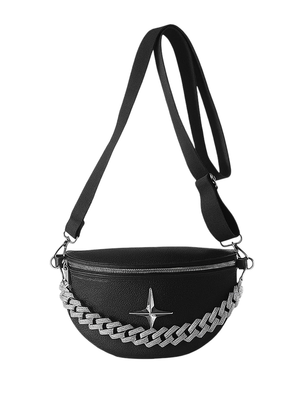 Sacoche banane femme, sac chaîne argent, sac à bandoulière réglable, mini sac tendance, modèle Thècle - Sacoche - Noir