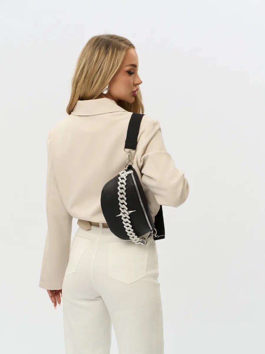 Sacoche banane femme, sac chaîne argent, sac à bandoulière réglable, mini sac tendance, modèle Thècle - Sacoche - Noir
