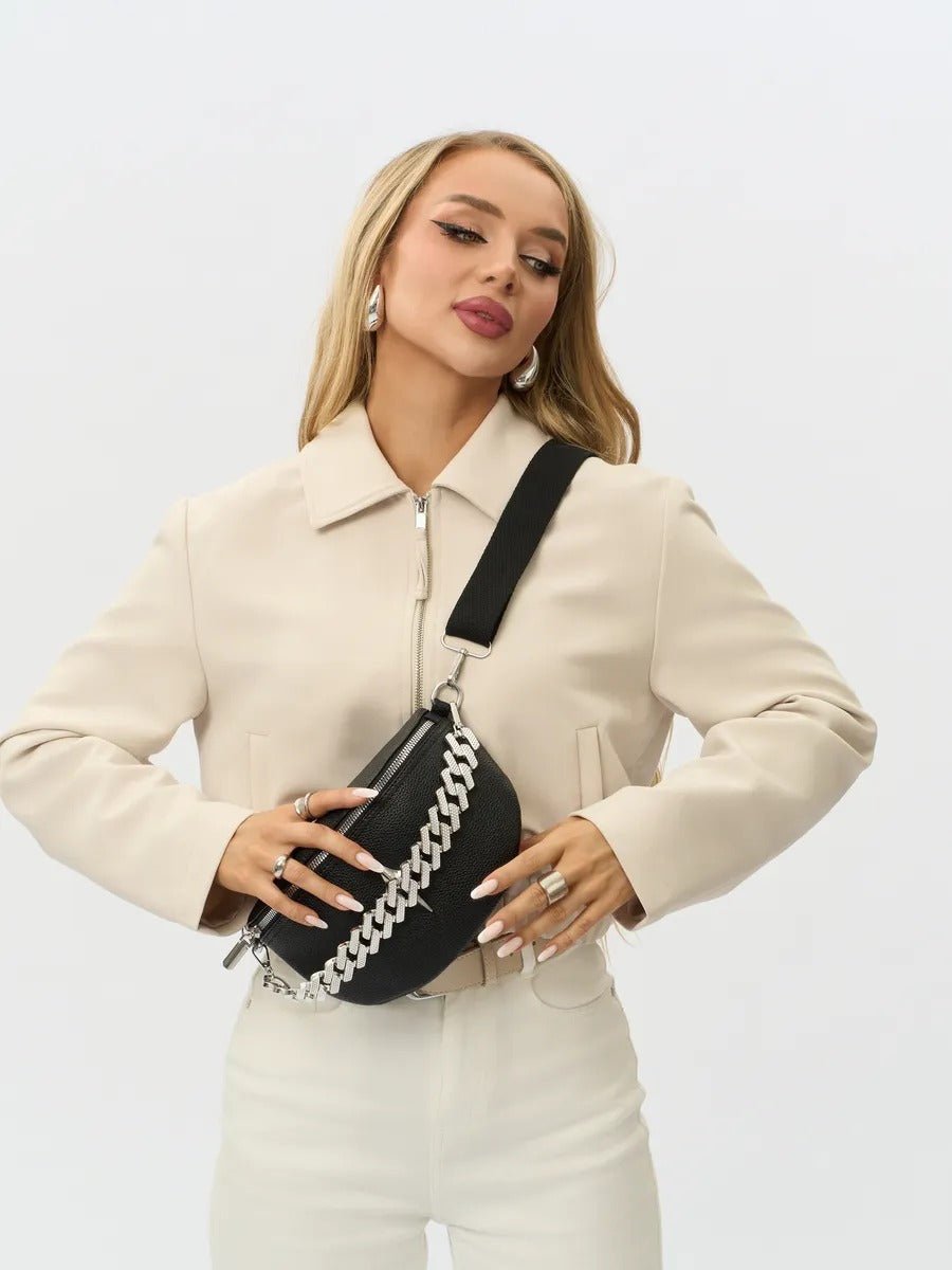 Sacoche banane femme, sac chaîne argent, sac à bandoulière réglable, mini sac tendance, modèle Thècle - Sacoche - Noir