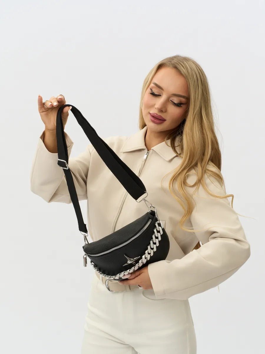 Sacoche banane femme, sac chaîne argent, sac à bandoulière réglable, mini sac tendance, modèle Thècle - Sacoche - Noir