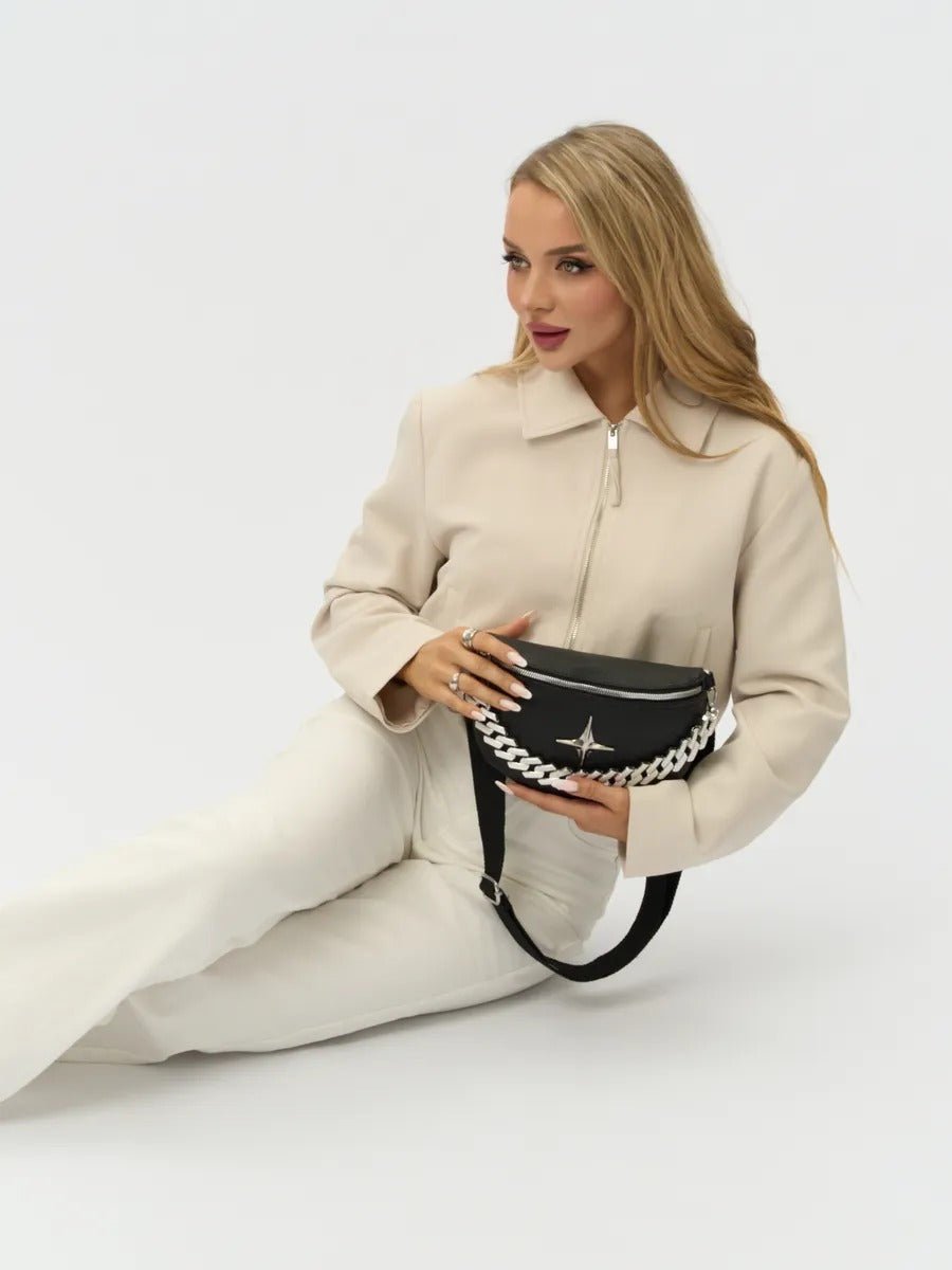Sacoche banane femme, sac chaîne argent, sac à bandoulière réglable, mini sac tendance, modèle Thècle - Sacoche - Noir