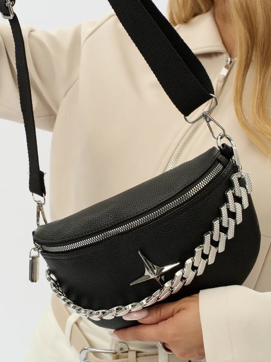 Sacoche banane femme, sac chaîne argent, sac à bandoulière réglable, mini sac tendance, modèle Thècle - Sacoche - Noir