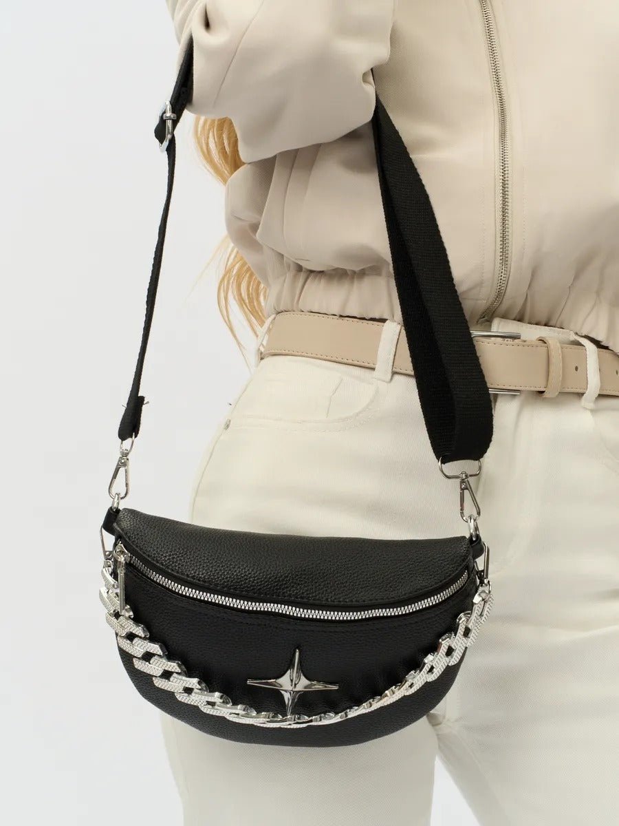 Sacoche banane femme, sac chaîne argent, sac à bandoulière réglable, mini sac tendance, modèle Thècle - Sacoche - Noir