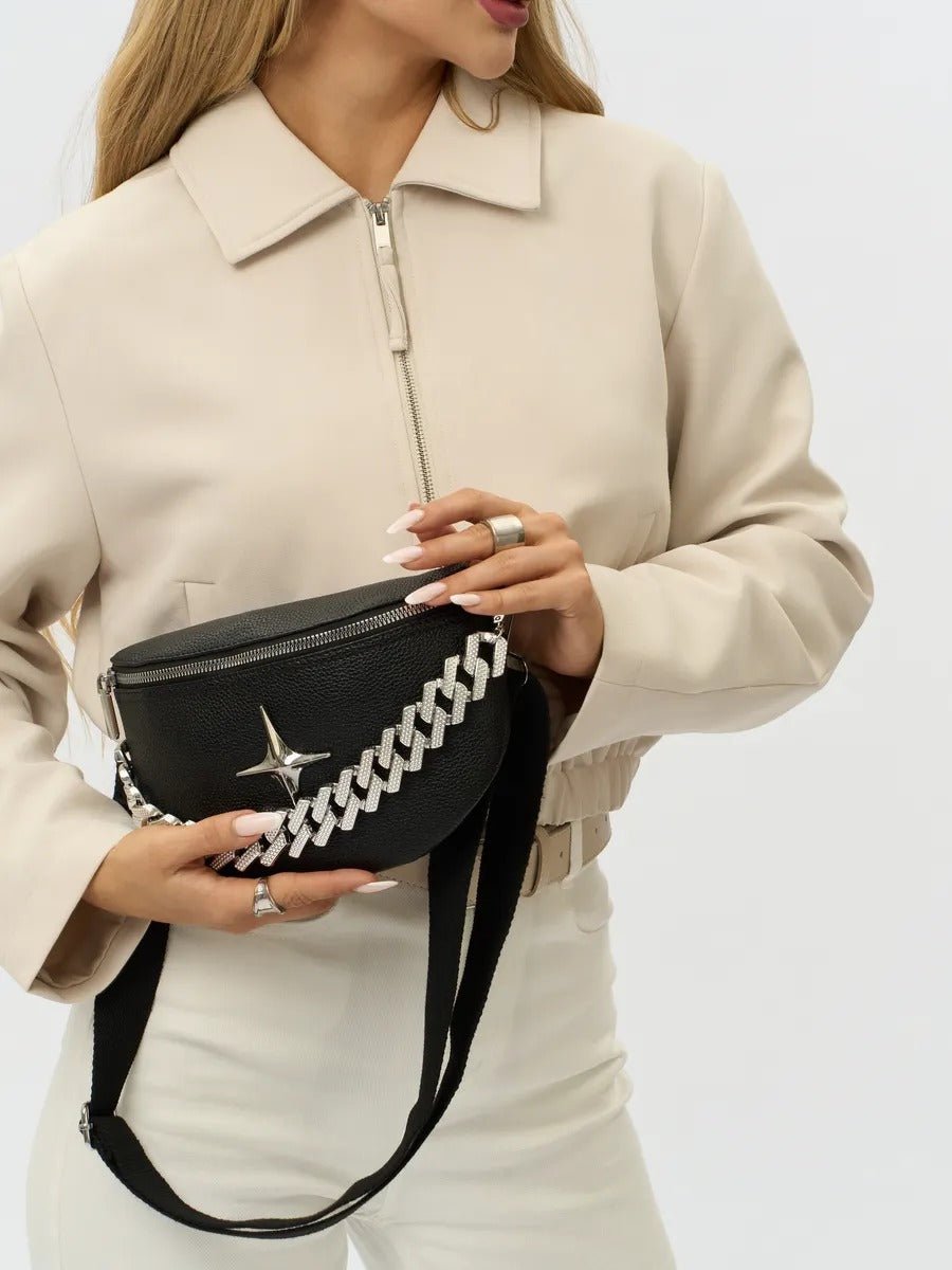 Sacoche banane femme, sac chaîne argent, sac à bandoulière réglable, mini sac tendance, modèle Thècle - Sacoche - Noir
