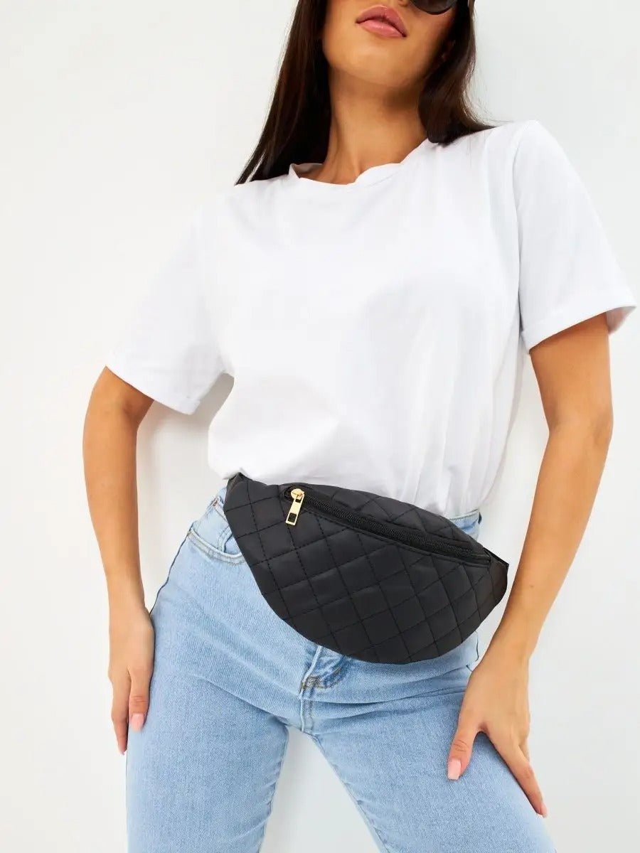 Sacoche banane matelassé, sac ceinture femme, sac bandoulière léger, mini sac zippé, sac pratique quotidien, modèle Zenobie - Sacoche - Noir
