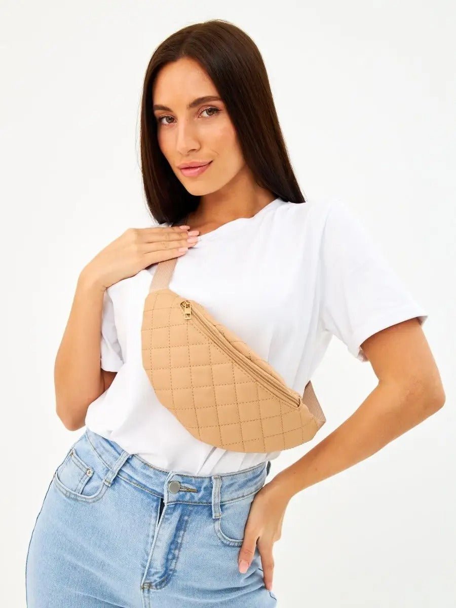Sacoche banane matelassé, sac ceinture femme, sac bandoulière léger, mini sac zippé, sac pratique quotidien, modèle Zenobie - Sacoche - Beige