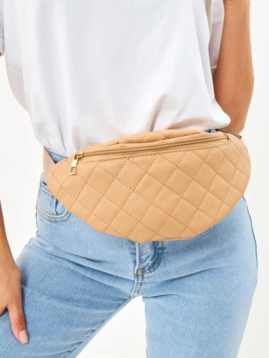 Sacoche banane matelassé, sac ceinture femme, sac bandoulière léger, mini sac zippé, sac pratique quotidien, modèle Zenobie - Sacoche - Beige