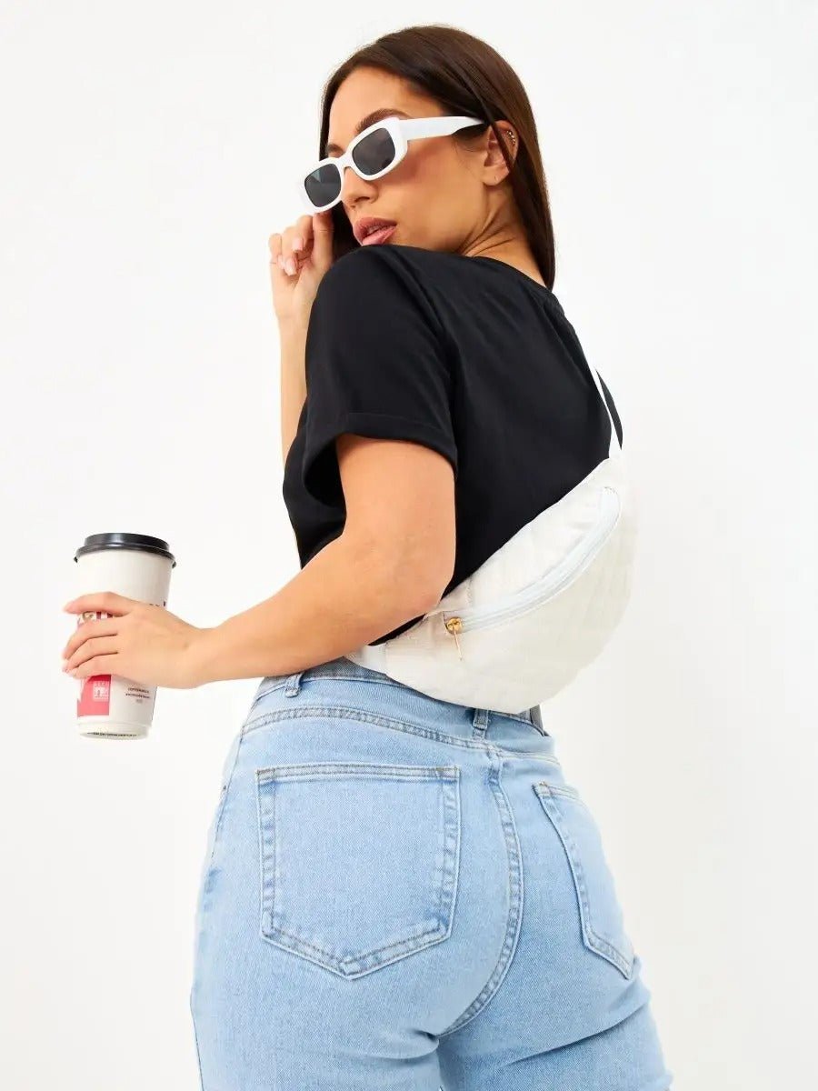 Sacoche banane matelassé, sac ceinture femme, sac bandoulière léger, mini sac zippé, sac pratique quotidien, modèle Zenobie - Sacoche - Blanc