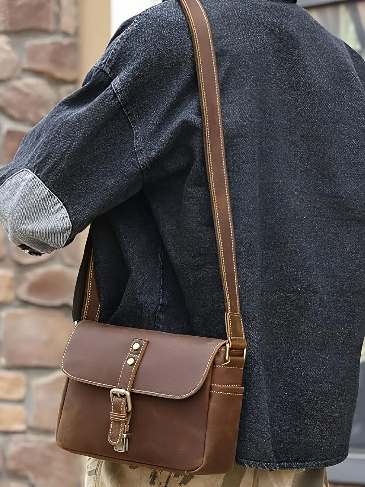 Sacoche bandoulière en cuir, classique vintage, médiéval, modèle Junien - Sacoche - Marron