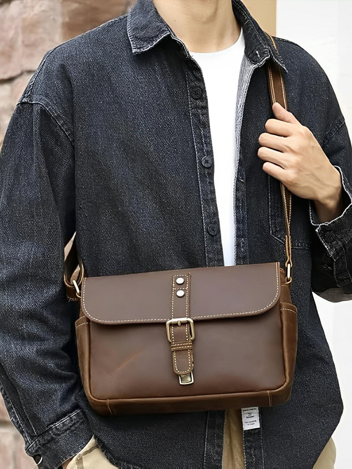 Sacoche bandoulière en cuir, classique vintage, médiéval, modèle Junien - Sacoche - Marron