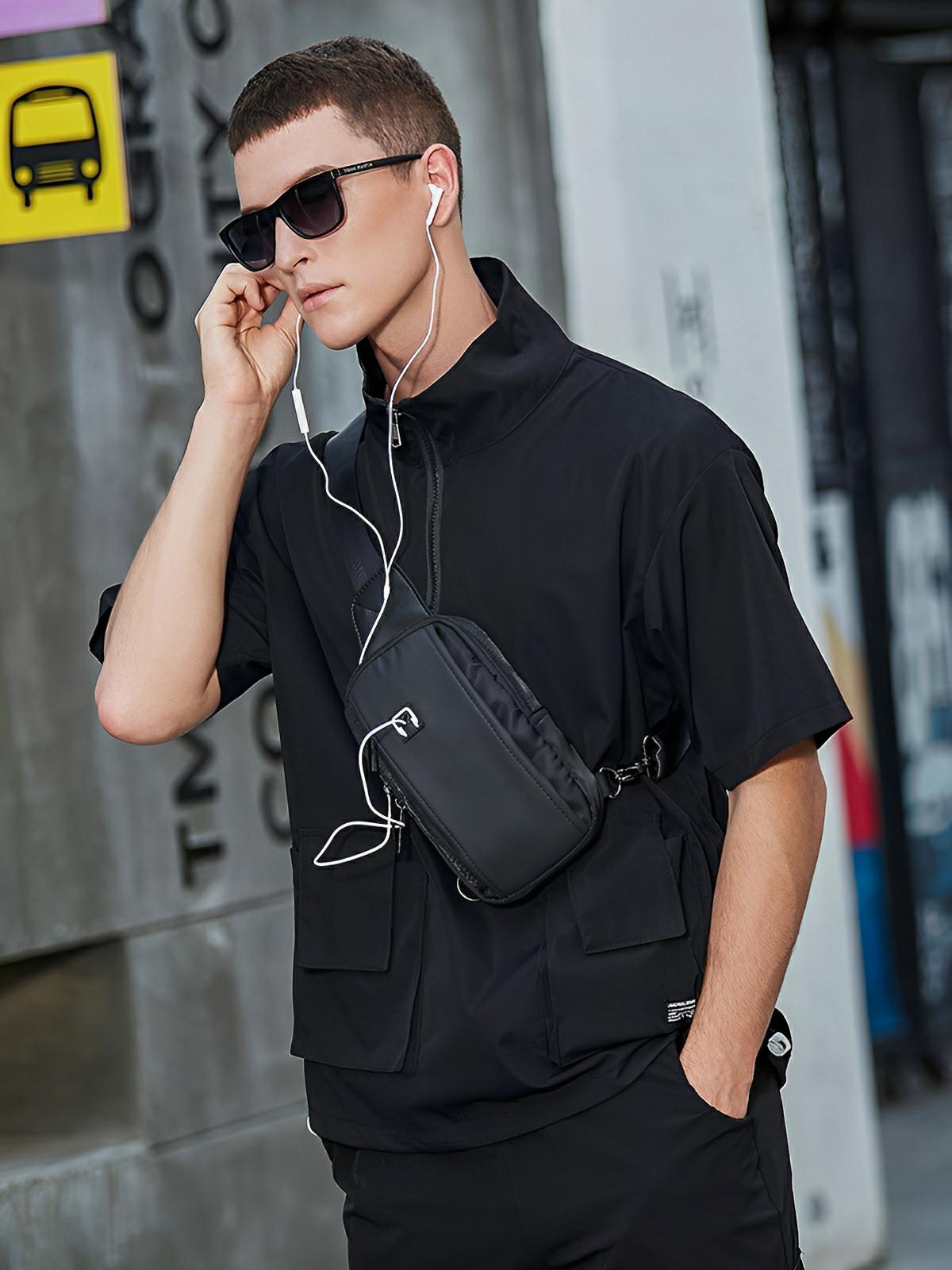 Sacoche bandoulière homme, sac poitrine compact, à bandoulière réglable, légère urbaine, modèle Ruben - Sacoche - Noir