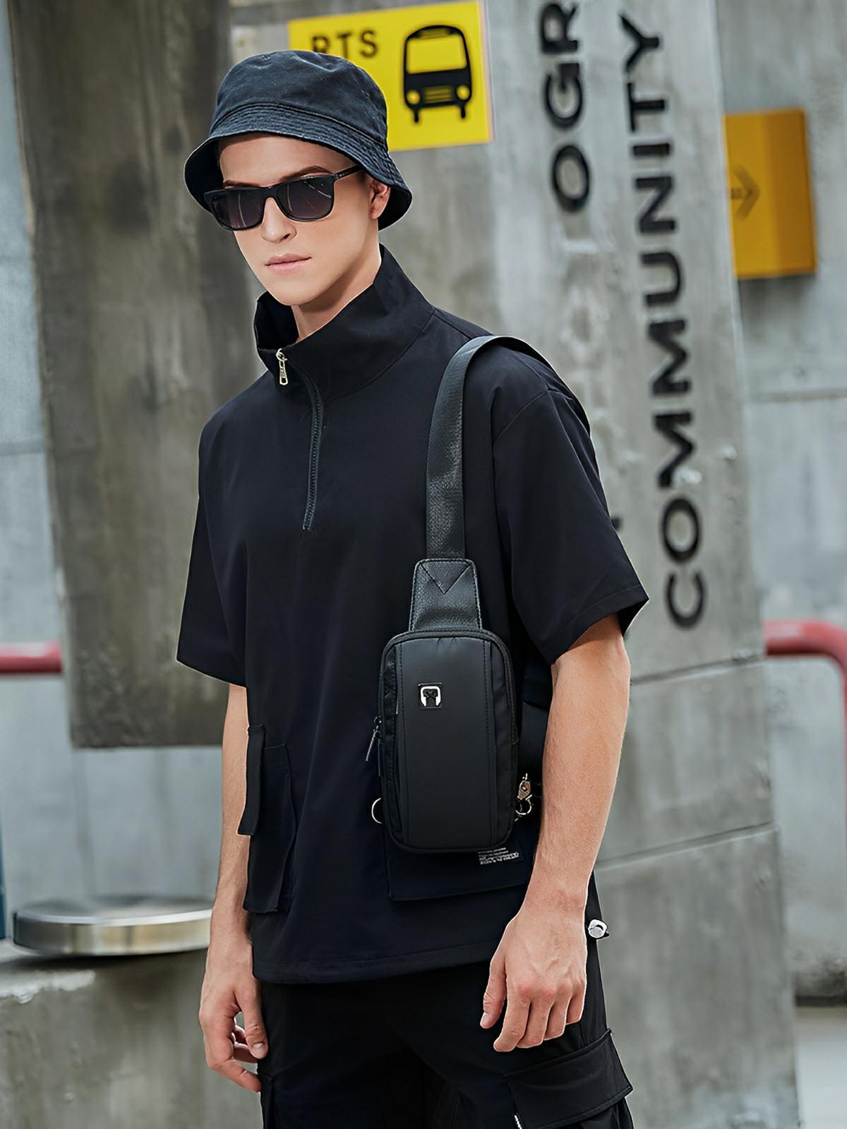 Sacoche bandoulière homme, sac poitrine compact, à bandoulière réglable, légère urbaine, modèle Ruben - Sacoche - Noir