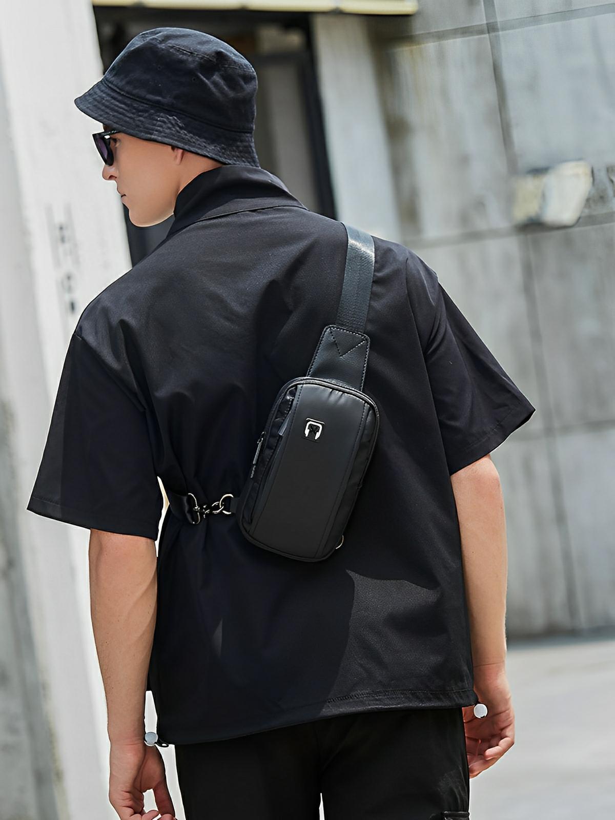 Sacoche bandoulière homme, sac poitrine compact, à bandoulière réglable, légère urbaine, modèle Ruben - Sacoche - Noir