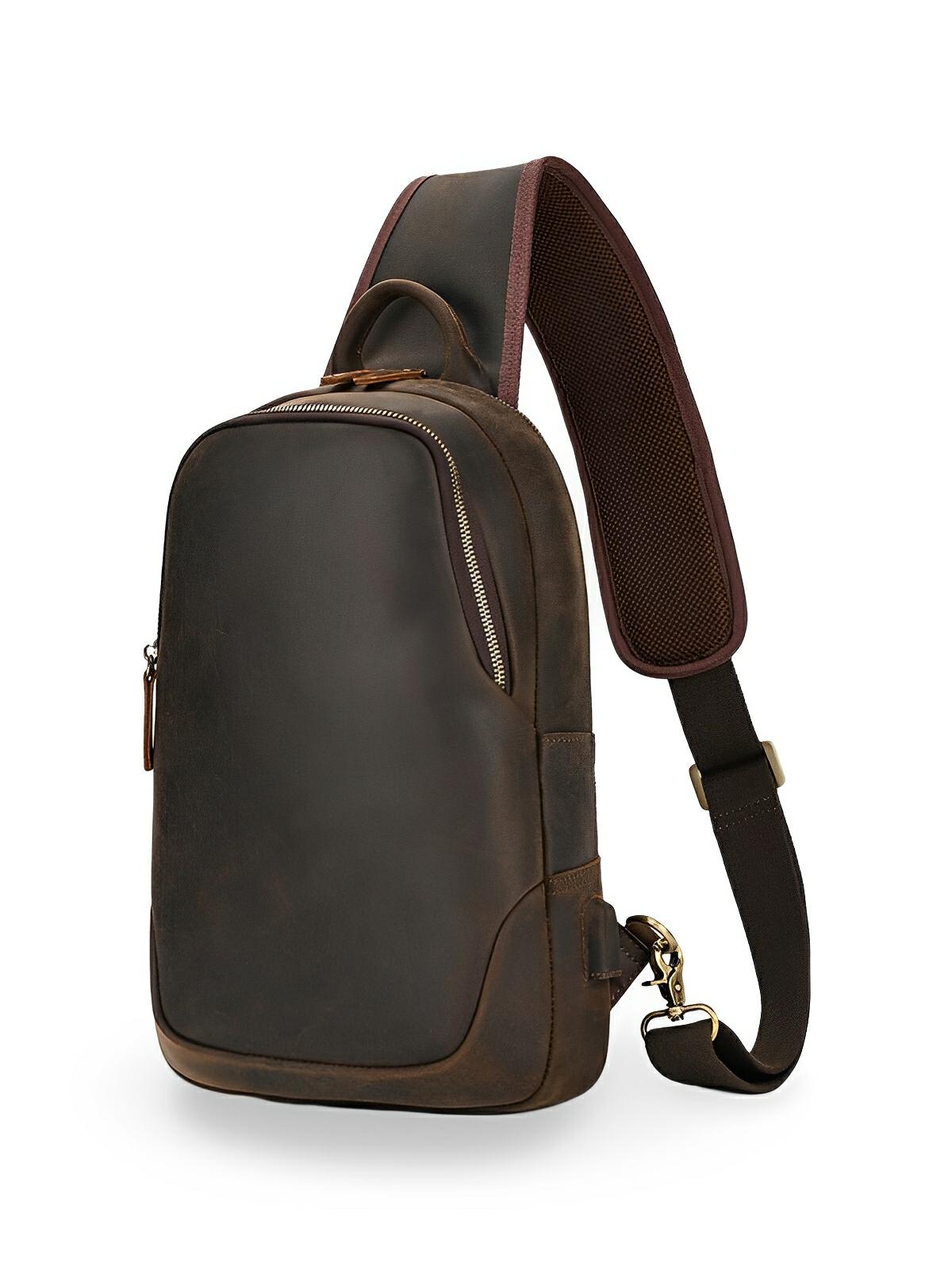 Sacoche d'épaule en cuir, pour l'homme contemporain, USB intégré, modèle Béranger - Sacoche - Café