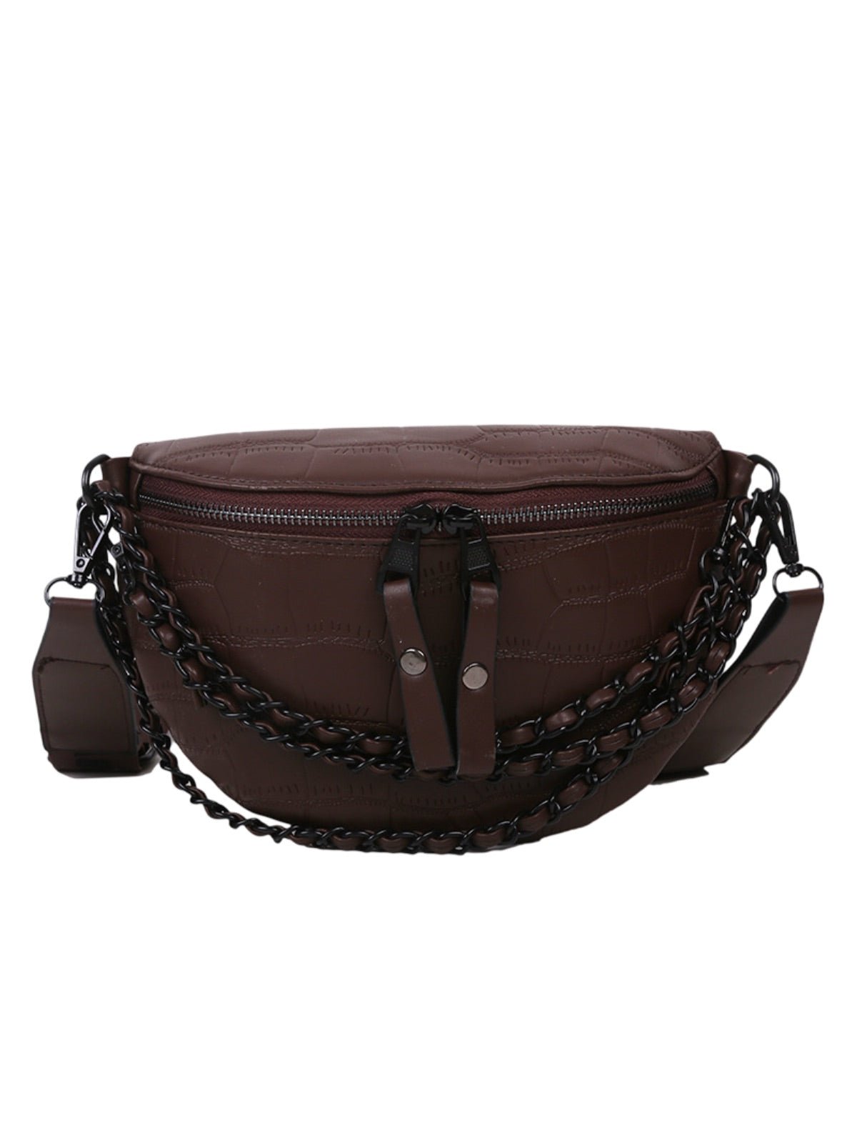 Sacoche femme croco, sac ceinture chaîne noire, sac à bandoulière large, sac imperméable tendance, sac rigide compact, modèle Laurette - Sacoche - Café