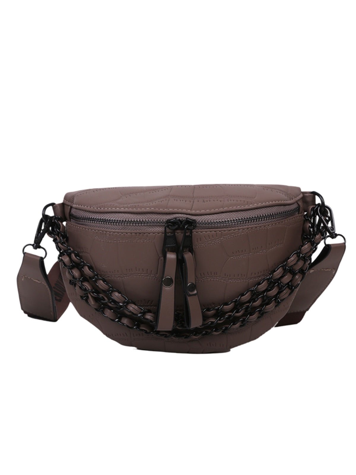 Sacoche femme croco, sac ceinture chaîne noire, sac à bandoulière large, sac imperméable tendance, sac rigide compact, modèle Laurette - Sacoche - Marron