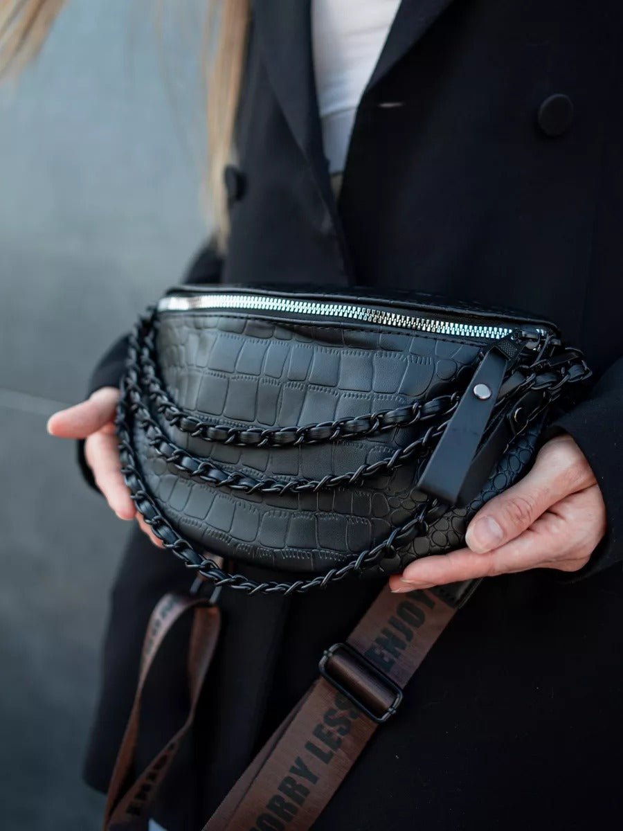 Sacoche femme croco, sac ceinture chaîne noire, sac à bandoulière large, sac imperméable tendance, sac rigide compact, modèle Laurette - Sacoche - Noir