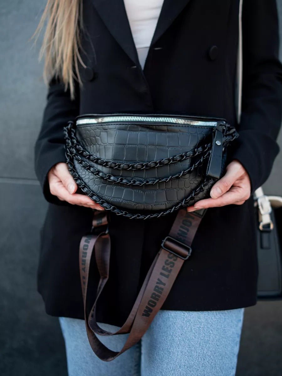 Sacoche femme croco, sac ceinture chaîne noire, sac à bandoulière large, sac imperméable tendance, sac rigide compact, modèle Laurette - Sacoche - Noir
